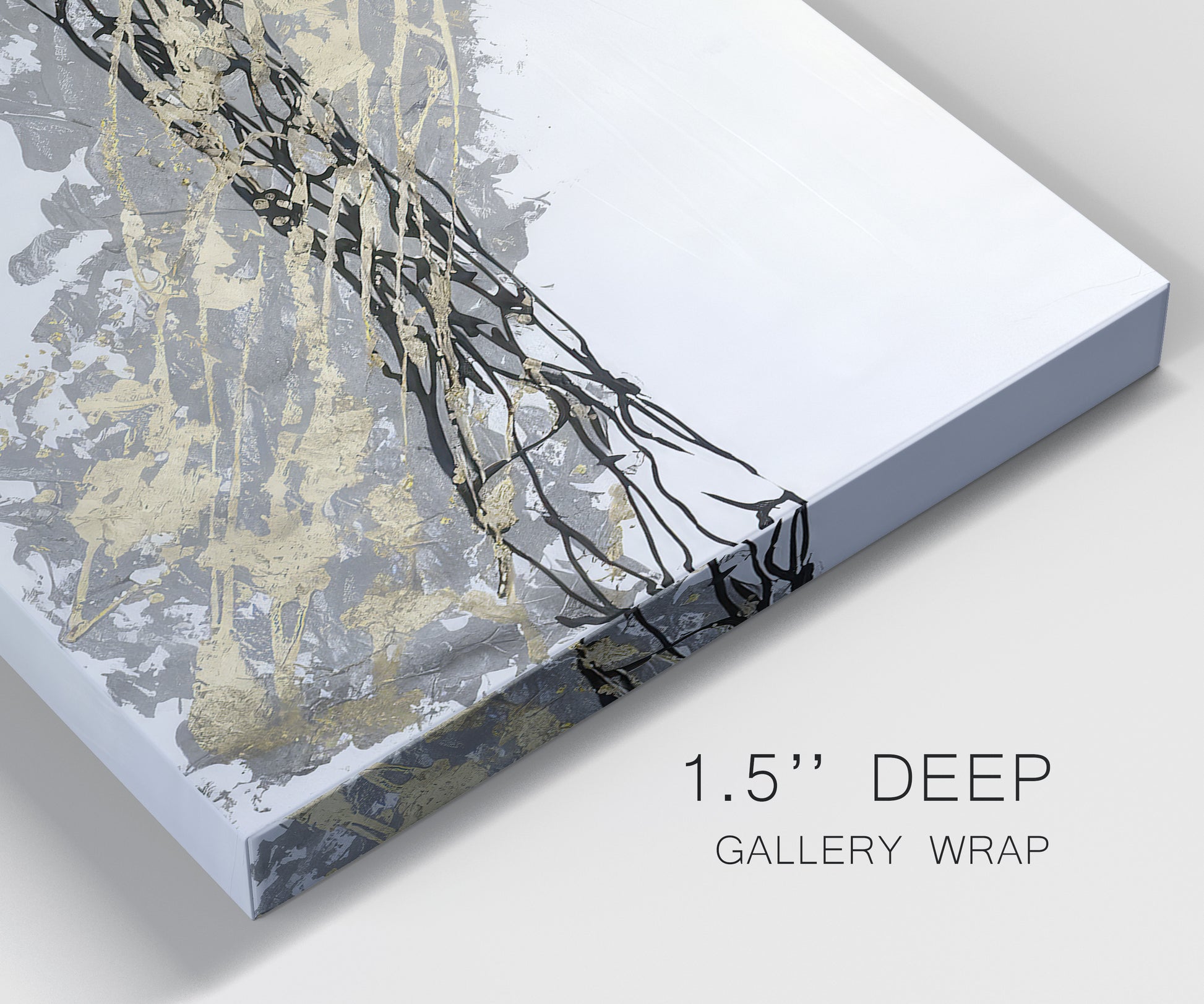 Close-up view of wrapped canvas corner featuring light modern abstract wind patterns.
