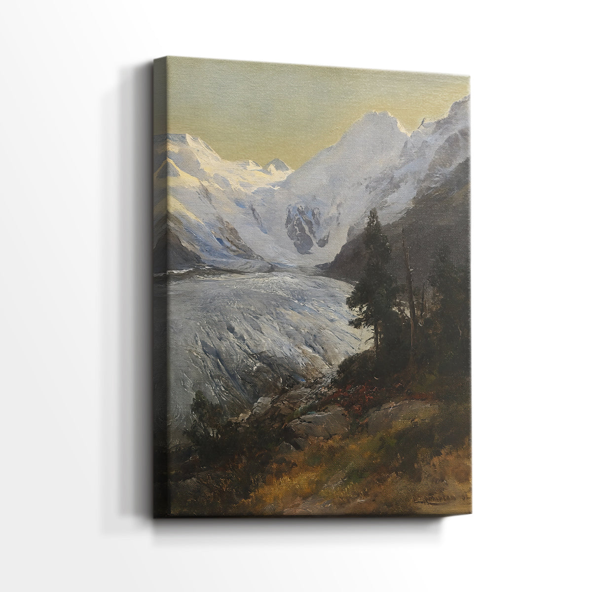Side view of a canvas art print of a dramatic mountain view with crisp detail and natural light, showing gallery-wrapped depth.