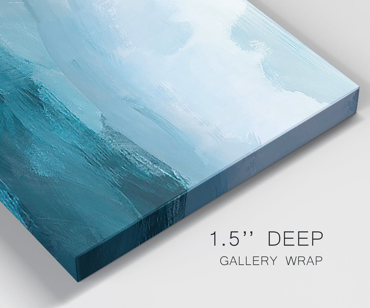 Close-up view of wrapped canvas corner featuring vertical coastal elements with rising light.
