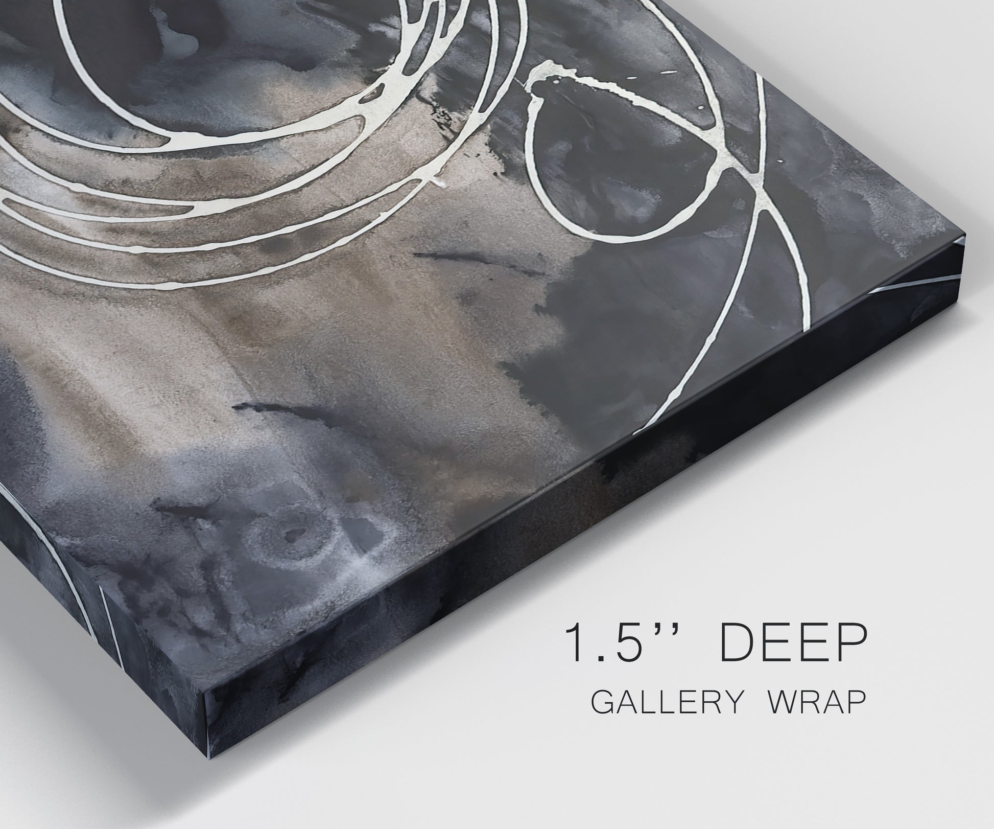 Close-up view of wrapped canvas corner featuring dark swirling abstract motion.