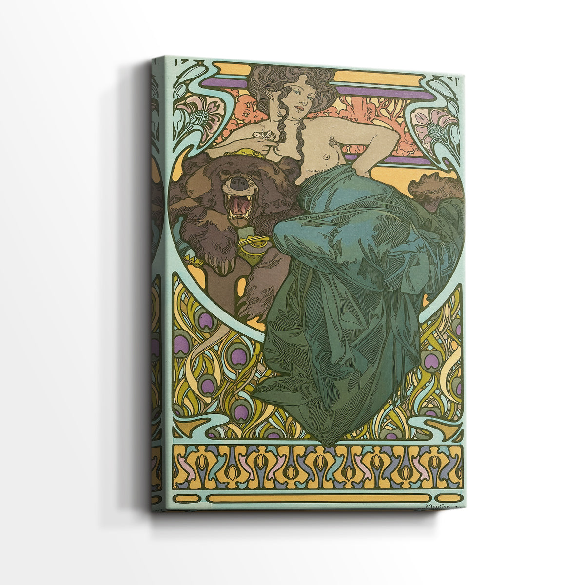 Side view of a canvas art print of a vintage illustration of a woman resting on a fur with elegant curves, showing gallery-wrapped depth.