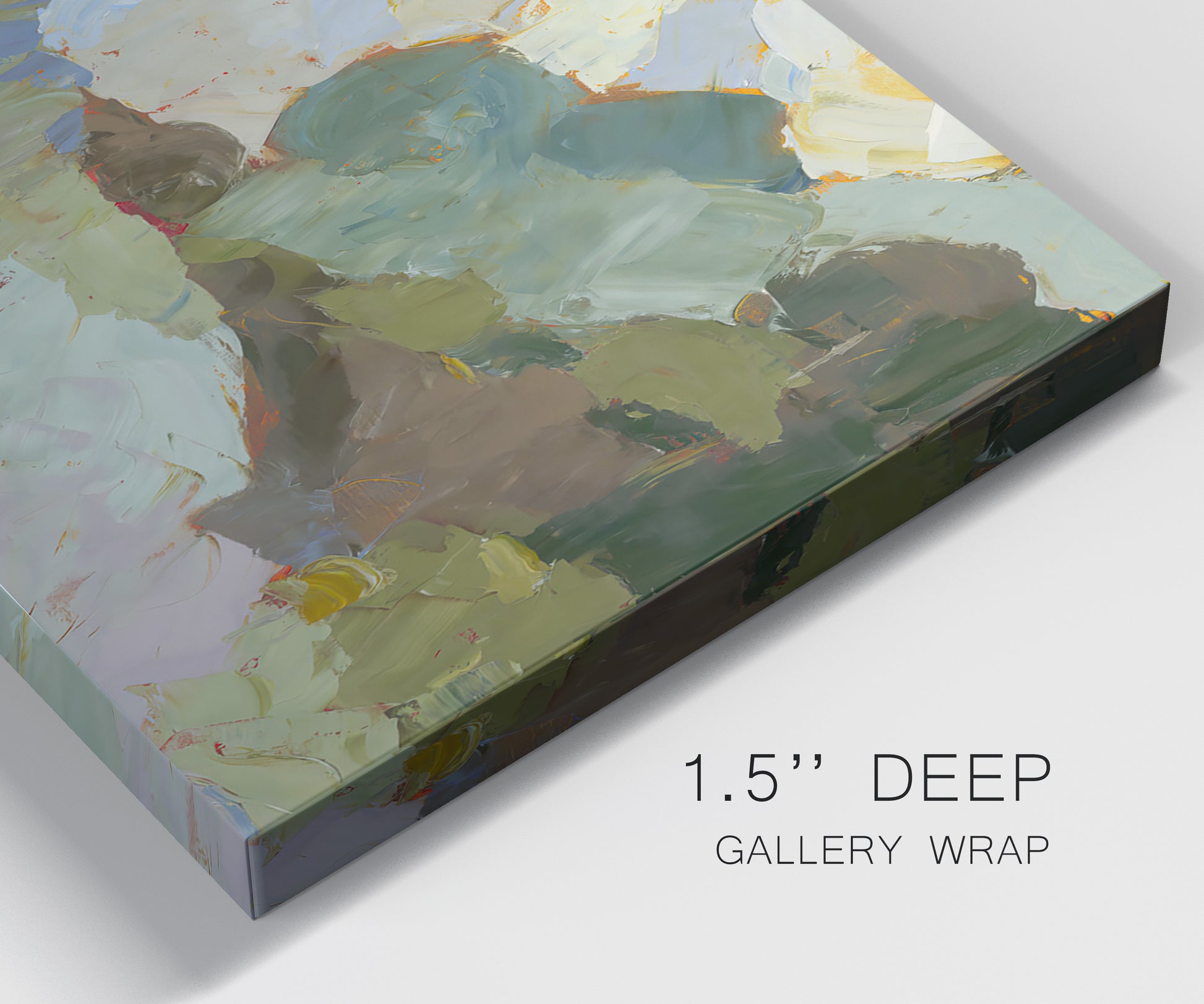 Close-up view of wrapped canvas corner featuring abstract landscape suggesting travel pause.