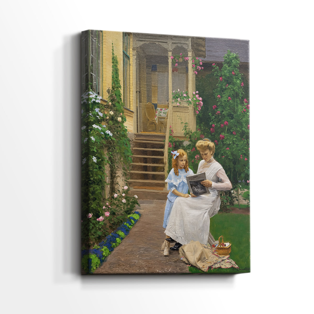 Side view of a canvas art print of a gentle composition with children in a garden setting, showing gallery-wrapped depth.