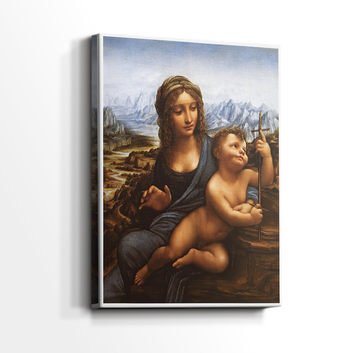 Side view of a canvas art print of a refined image with subtle interaction and smooth tones, showing gallery-wrapped depth.