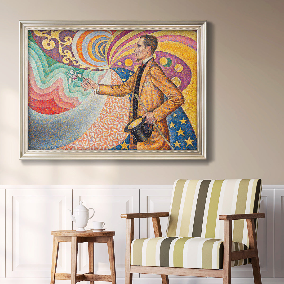 Neo-impressionist abstract portrait by Paul Signac in an ornate champagne frame displayed in a light-toned interior setting.