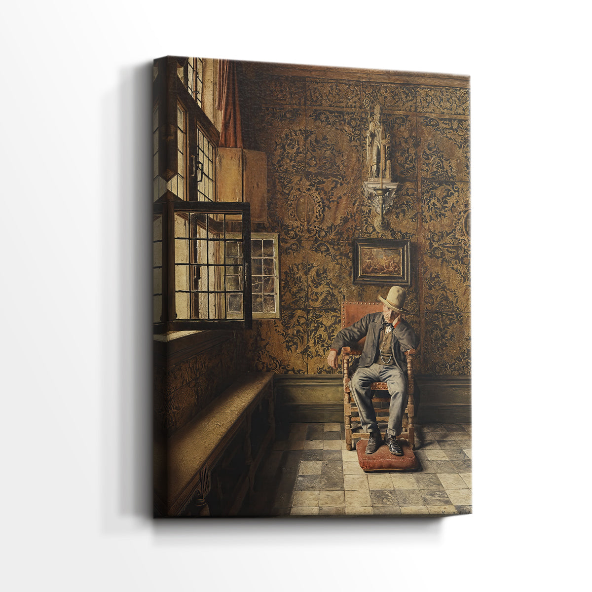 Side view of a canvas art print of a subdued composition with soft shadows and muted tones, showing gallery-wrapped depth.