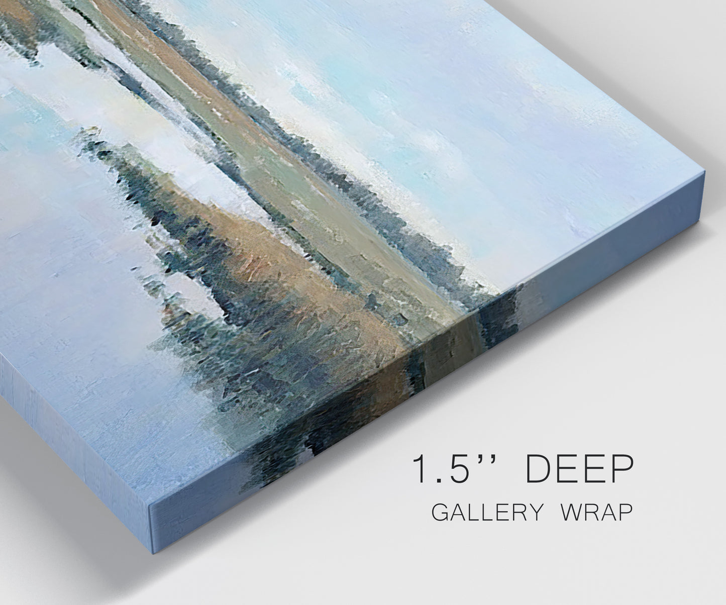 Close-up view of wrapped canvas corner featuring coastal plain meeting open water.