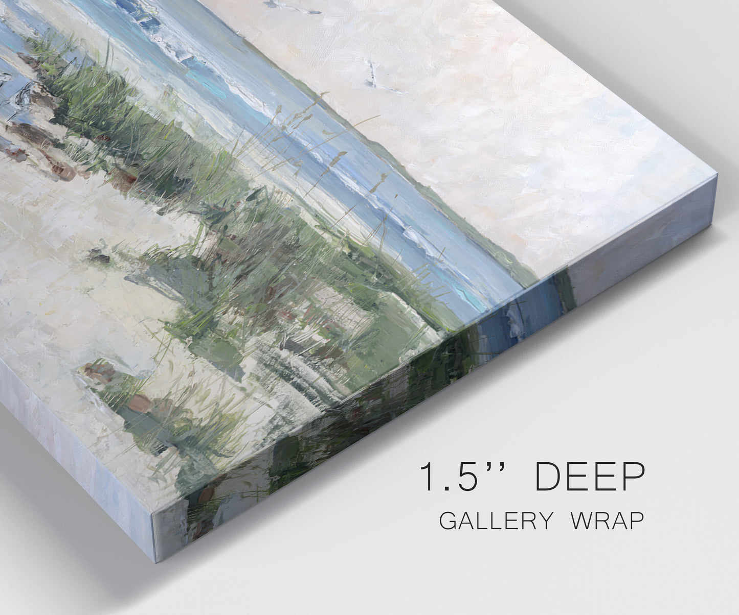 Close-up view of wrapped canvas corner featuring soft morning light over calm sea.
