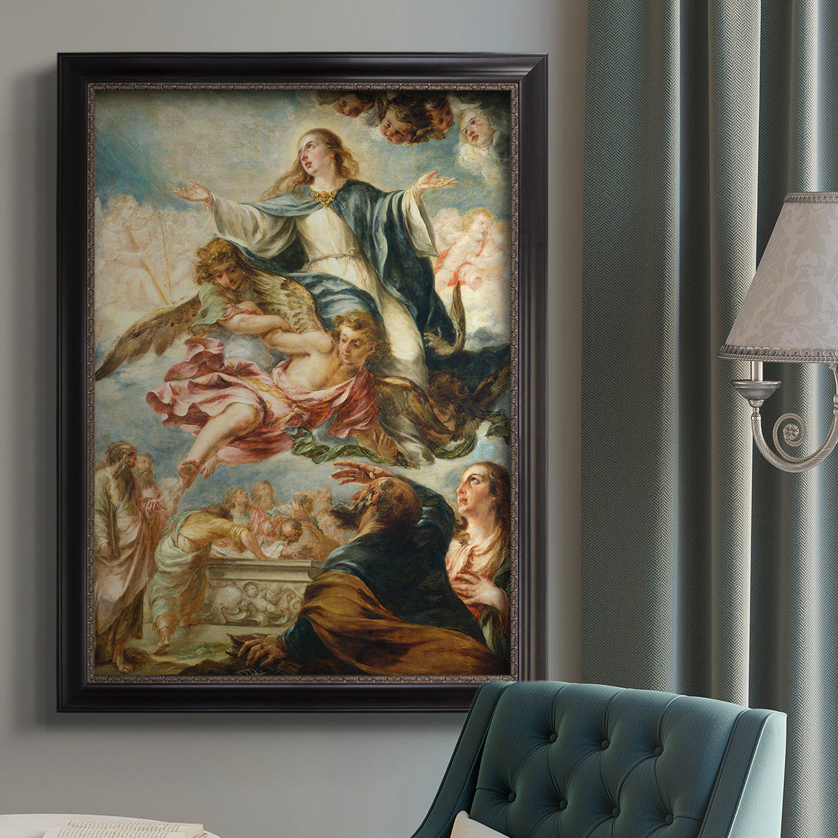 Religious painting of the Assumption of the Virgin Mary by Juan de Valdés Leal in an {frame_style_descriptor} displayed in a neutral interior setting.