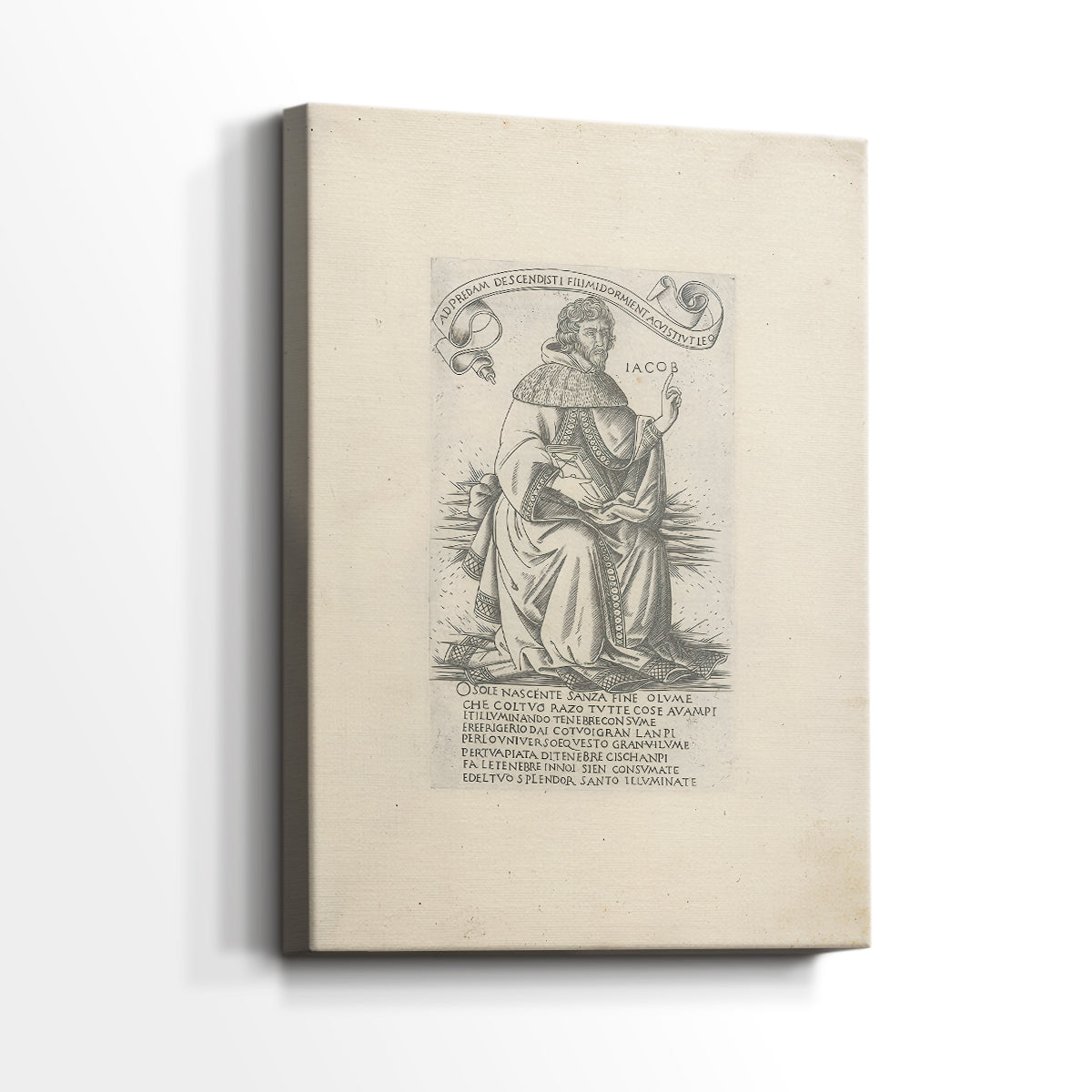Side view of a canvas art print of a detailed illustration with subtle texture and minimal depth, showing gallery-wrapped depth.