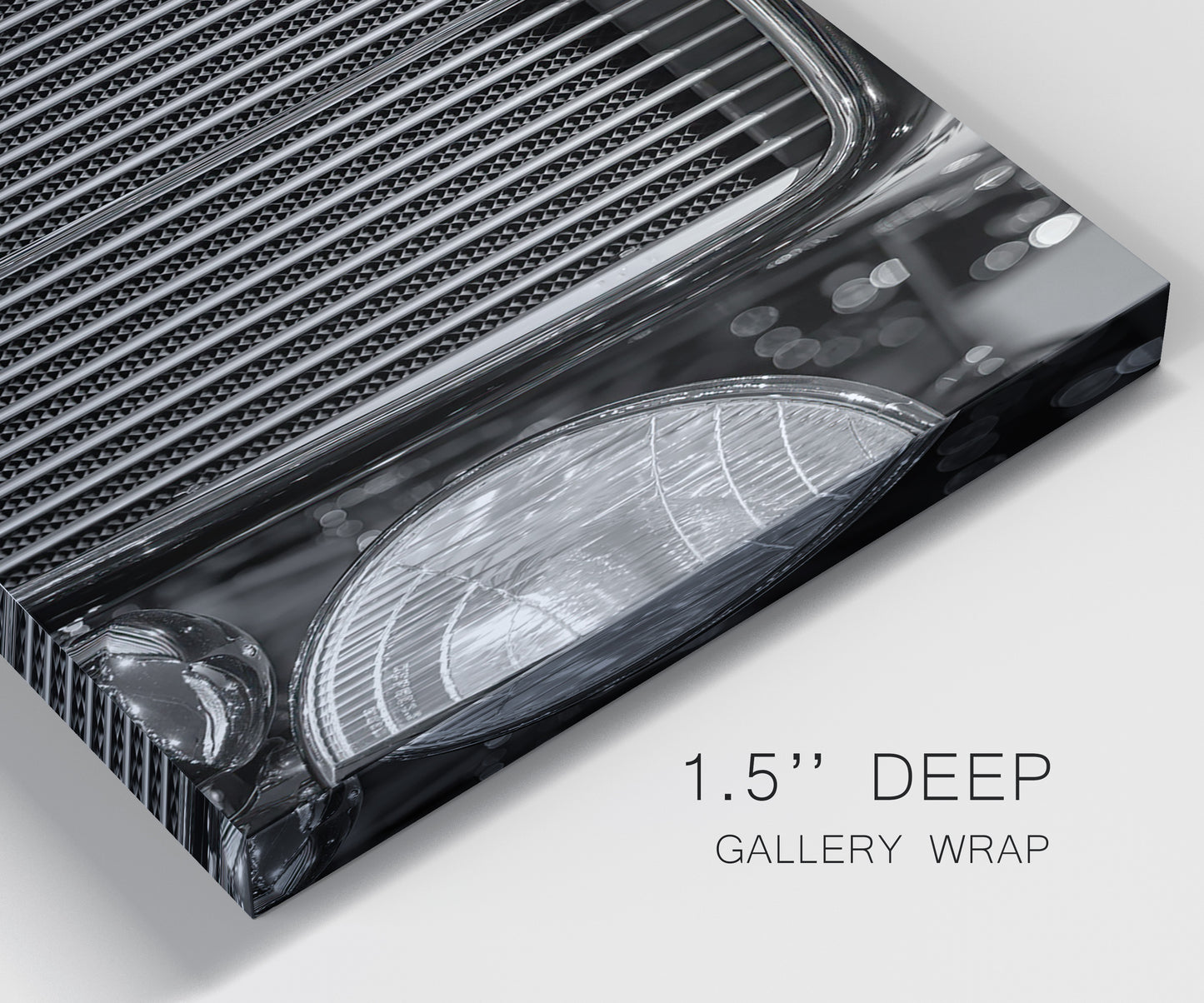 Close-up view of wrapped canvas corner featuring vintage car grille detail.