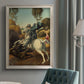 Religious painting of Saint George slaying the dragon by Raphael in an {frame_style_descriptor} displayed in a neutral interior setting.