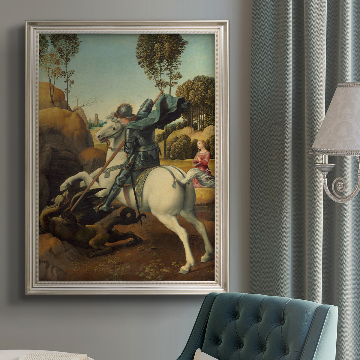 Religious painting of Saint George slaying the dragon by Raphael in an {frame_style_descriptor} displayed in a neutral interior setting.