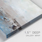 Close-up view of wrapped canvas corner featuring abstract bridge landscape in cyan.