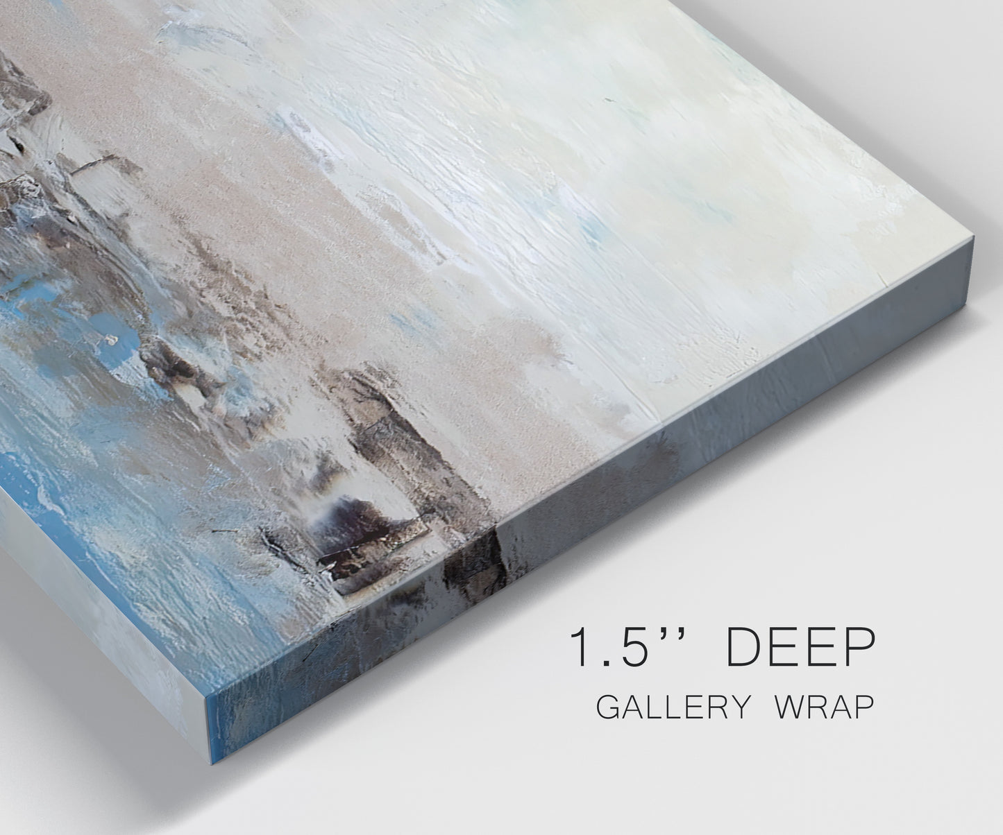 Close-up view of wrapped canvas corner featuring abstract bridge landscape in cyan.