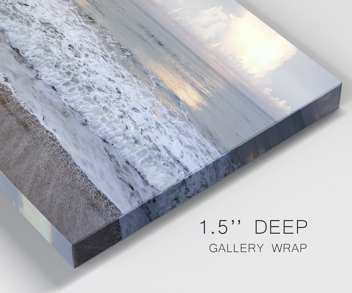 Close-up view of wrapped canvas corner featuring calm coastal shoreline seascape.