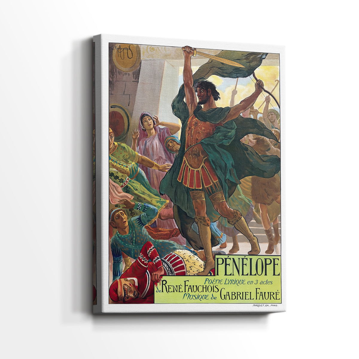 Side view of a canvas art print of a vintage poster with refined portrait and typography, showing gallery-wrapped depth.