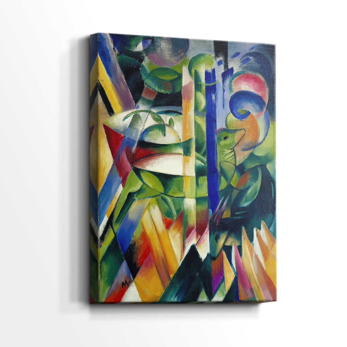 Side view of a canvas art print of a vivid landscape with goats and geometric forms, showing gallery-wrapped depth.