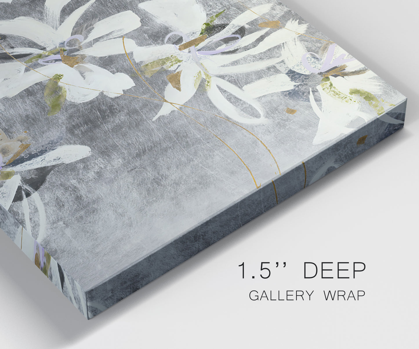 Close-up view of wrapped canvas corner featuring delicate floral symbolic arrangement.