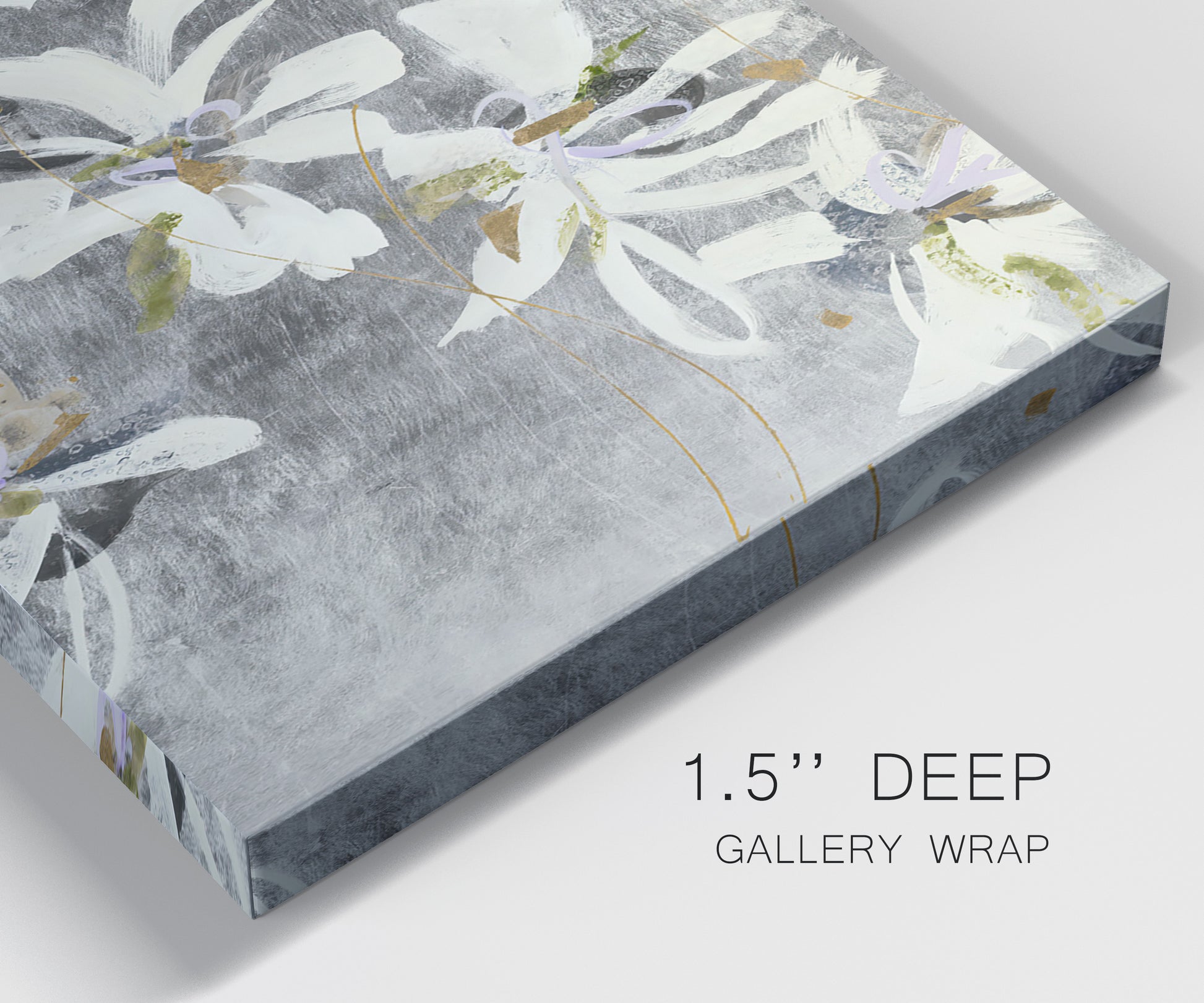 Close-up view of wrapped canvas corner featuring delicate floral symbolic arrangement.