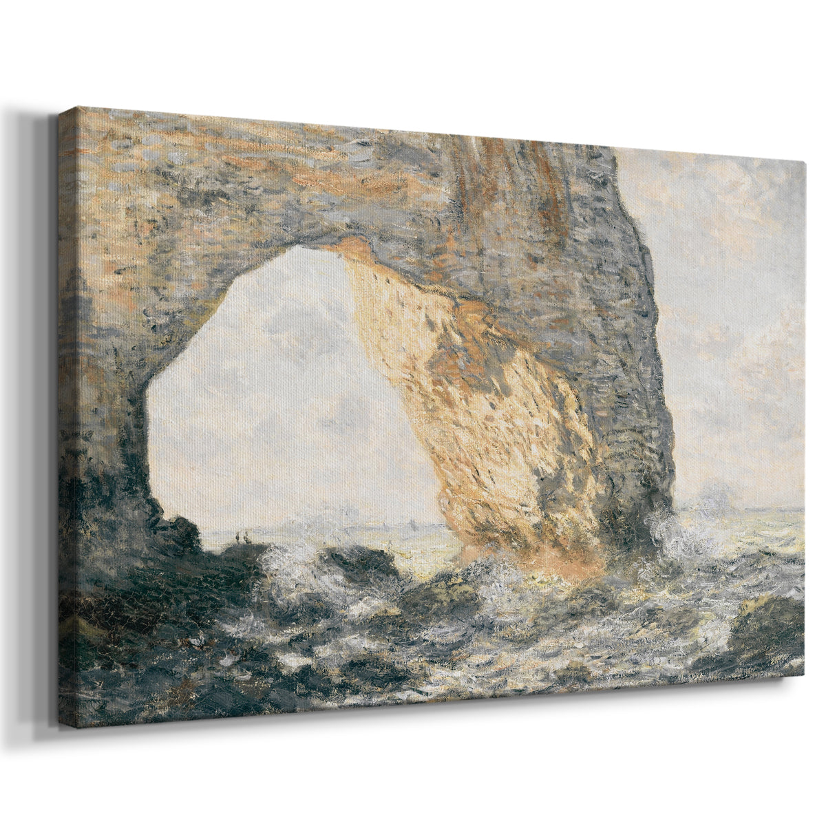 coastal landscape,natural arch,crashing waves,rocky shore,daytime,ocean,marine scenery,seascape,tranquil atmosphere,clear sky,water,nature,beauty,outdoors,cliffs,horizon,waves,rock formations,coastline,scenic view,exploration,adventure,summer,sunlight,ocean spray,Impressionism,serene,natural beauty,maritime,travel,vacation,relaxation,environment,geology,painted landscape,picturesque,wildlife,shoreline,historical art