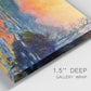 Close-up view of wrapped canvas corner featuring winter sunset over river.