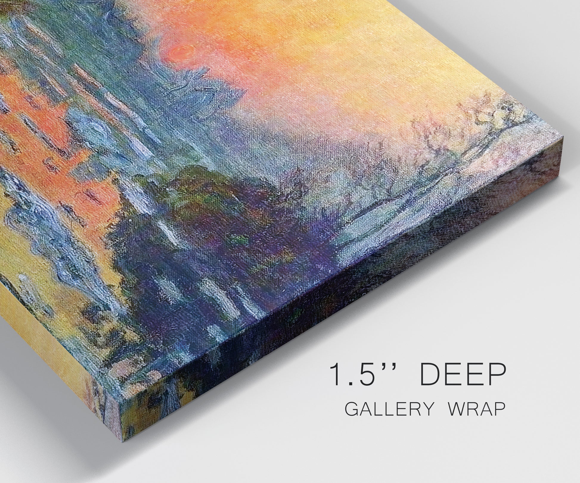 Close-up view of wrapped canvas corner featuring winter sunset over river.