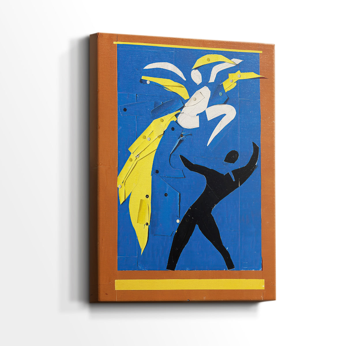 Side view of a canvas art print of a modern composition with figures in motion and vivid color, showing gallery-wrapped depth.