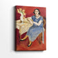 Side view of a canvas art print of a stylized figure with flat tones and geometric balance, showing gallery-wrapped depth.