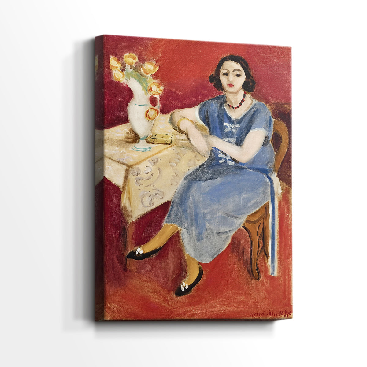 Side view of a canvas art print of a stylized figure with flat tones and geometric balance, showing gallery-wrapped depth.