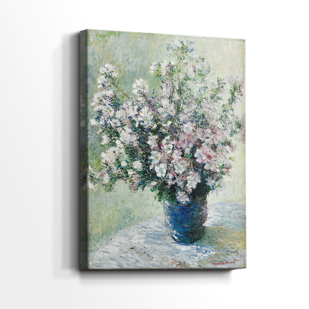 Side view of a canvas art print of a bouquet with layered petals and soft light, showing gallery-wrapped depth.