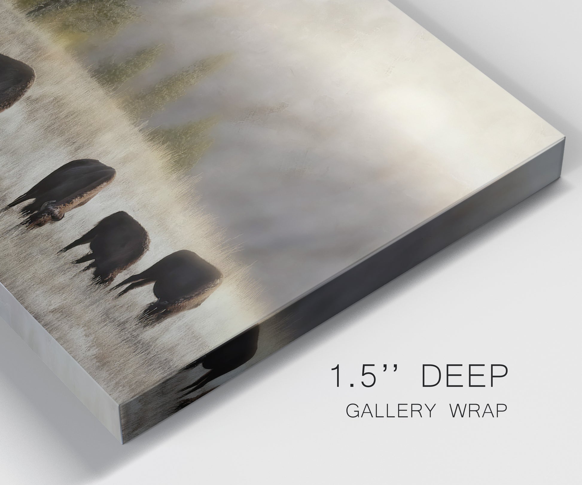 Close-up view of wrapped canvas corner featuring cattle grazing along ridge line.