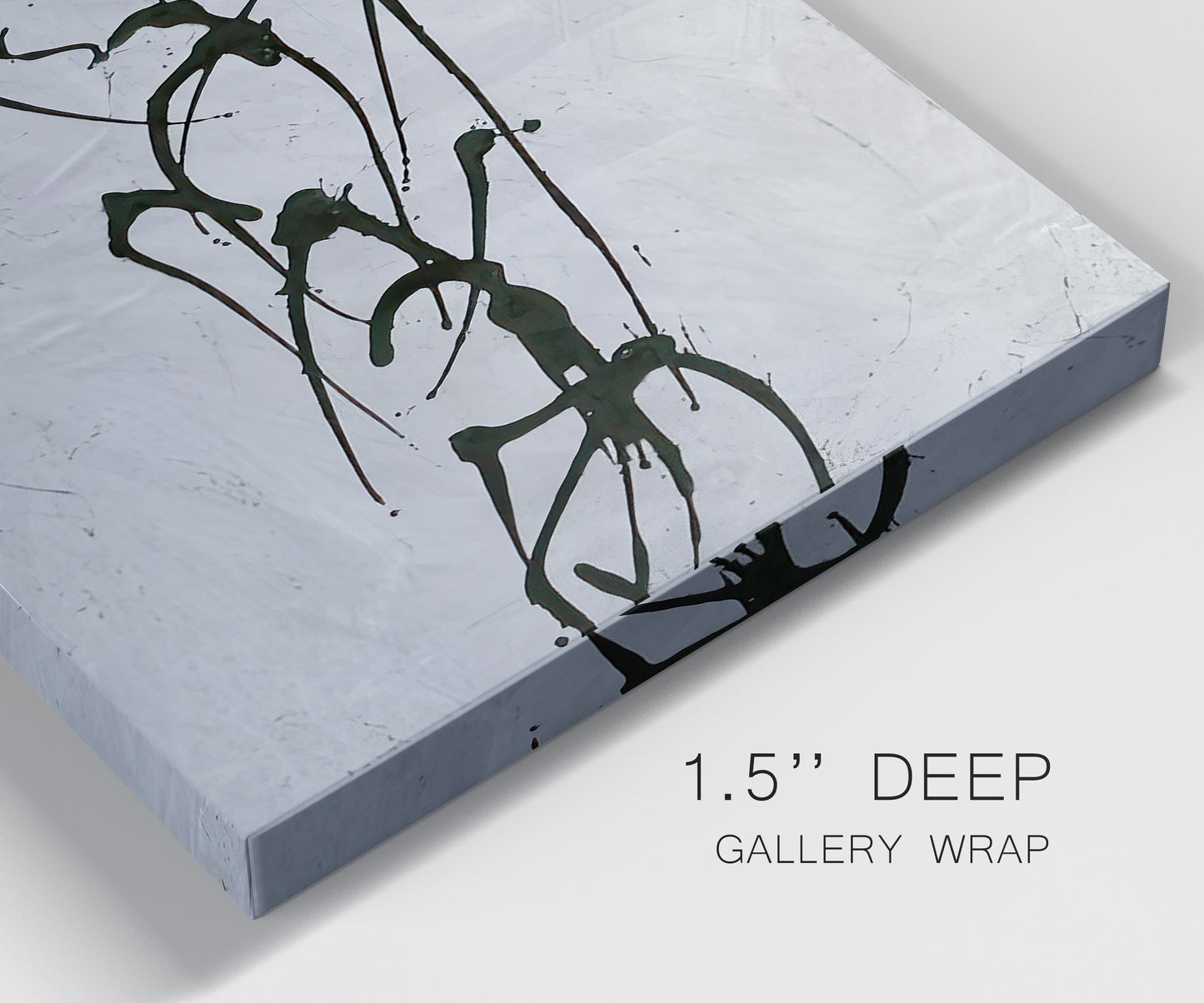Close-up view of wrapped canvas corner featuring minimal abstract frequency lines.