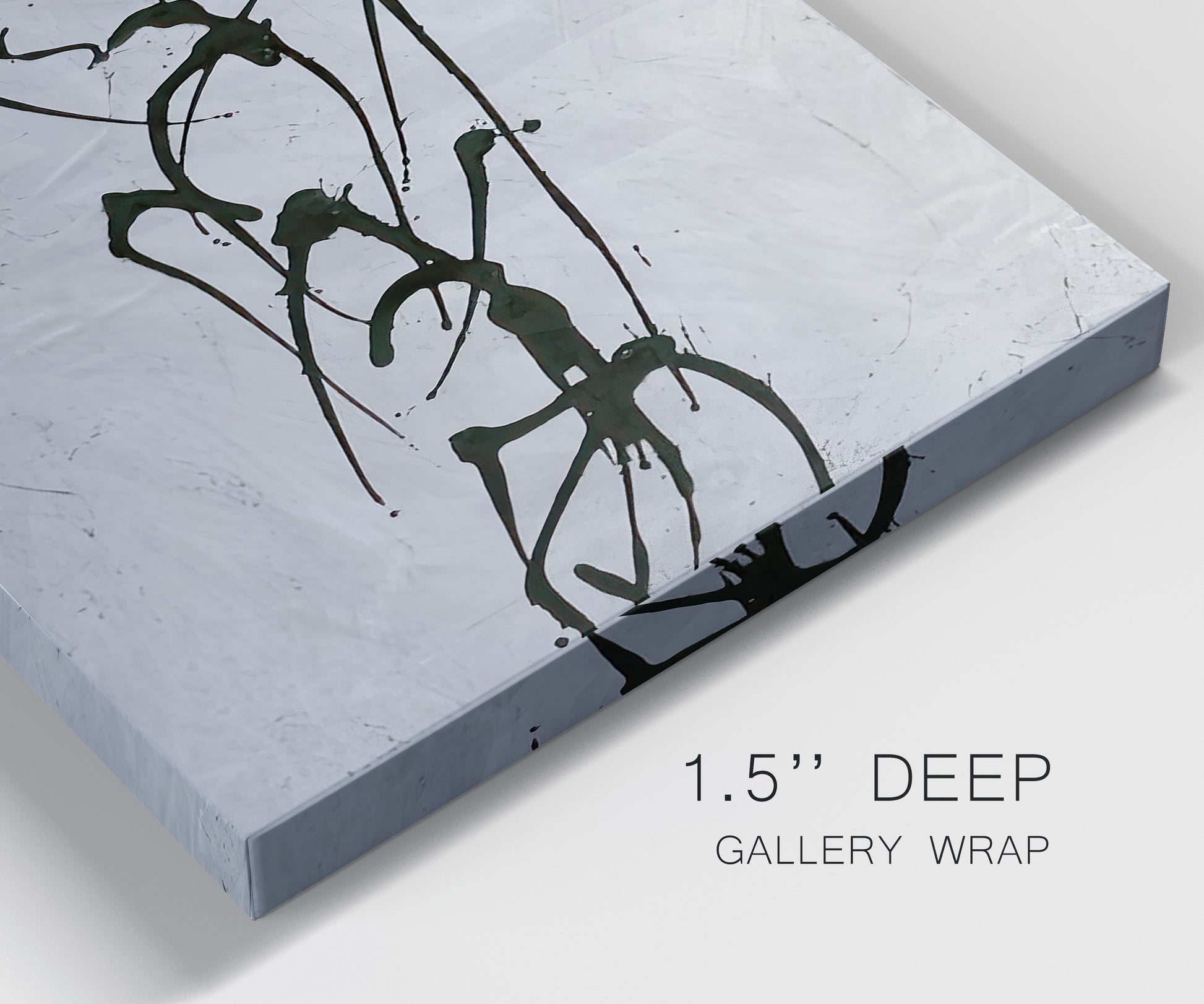 Close-up view of wrapped canvas corner featuring minimal abstract frequency lines.