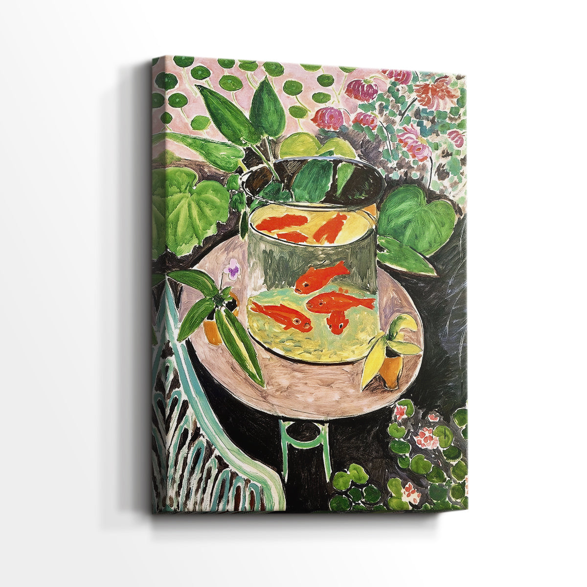 Side view of a canvas art print of a stylized still life with bold shapes and warm tones, showing gallery-wrapped depth.