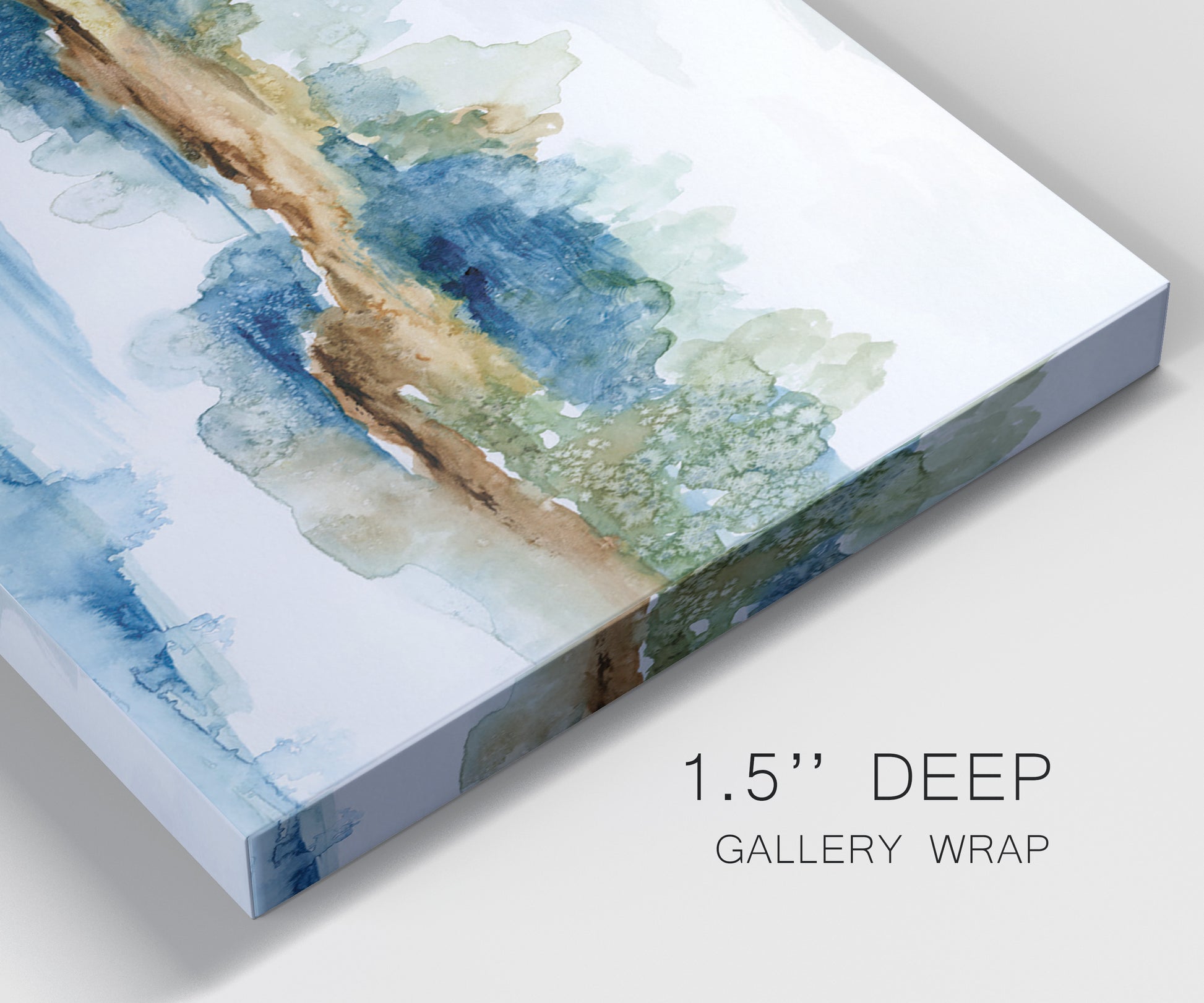 Close-up view of wrapped canvas corner featuring abstract blue watercolor landscape.