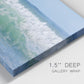 Close-up view of wrapped canvas corner featuring coastal waves breaking ashore.