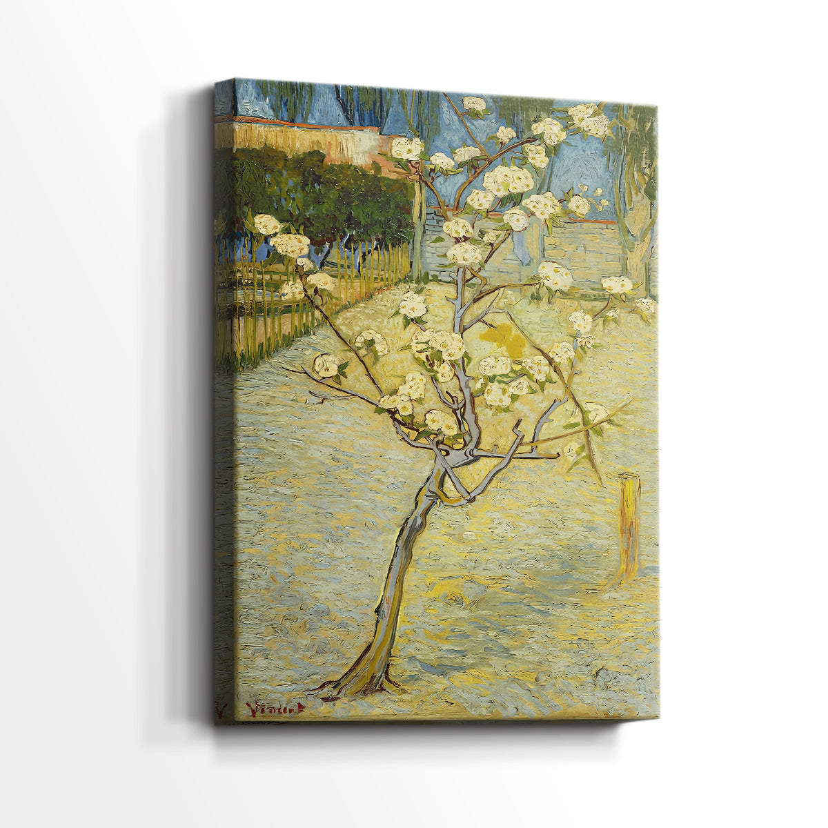 Side view of a canvas art print of a stylized landscape with gentle contrast and visible brushwork, showing gallery-wrapped depth.