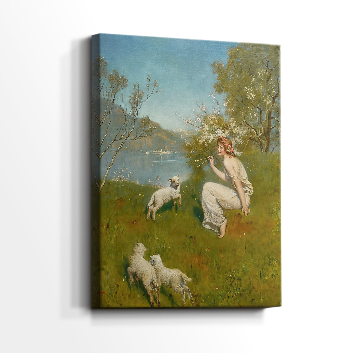 Side view of a canvas art print of a natural setting with a solitary figure and dappled light, showing gallery-wrapped depth.