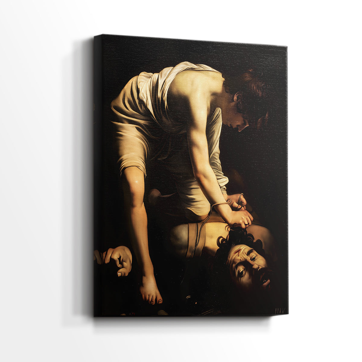 Side view of a canvas art print of a tense composition with emotional expression and deep contrast, showing gallery-wrapped depth.