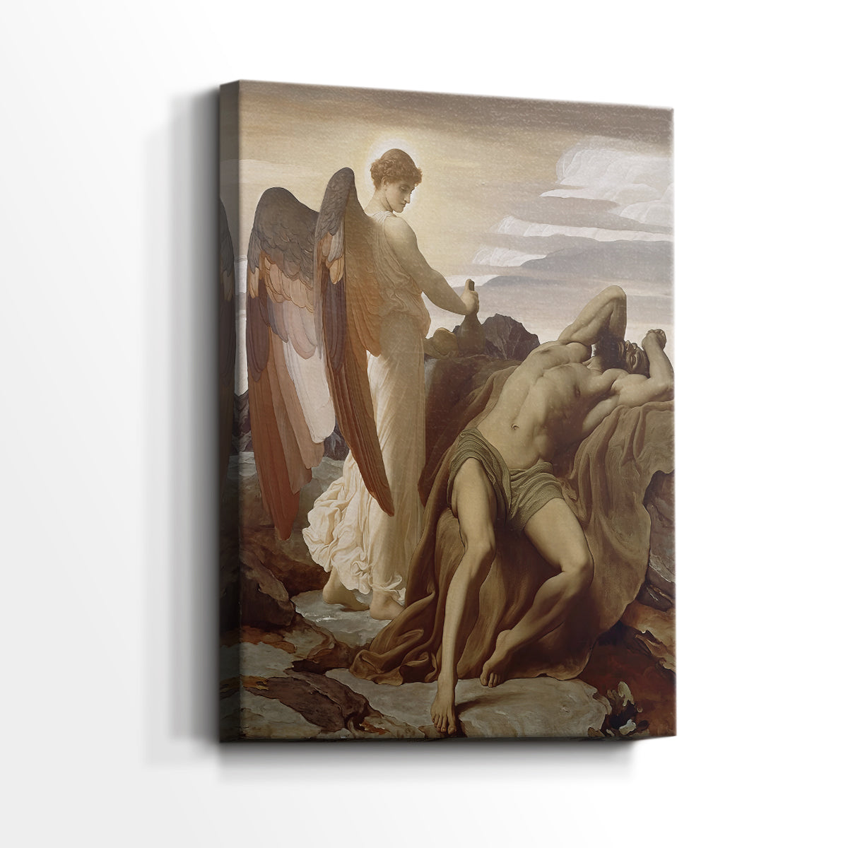 Side view of a canvas art print of a biblical scene with calm mood and muted tones, showing gallery-wrapped depth.