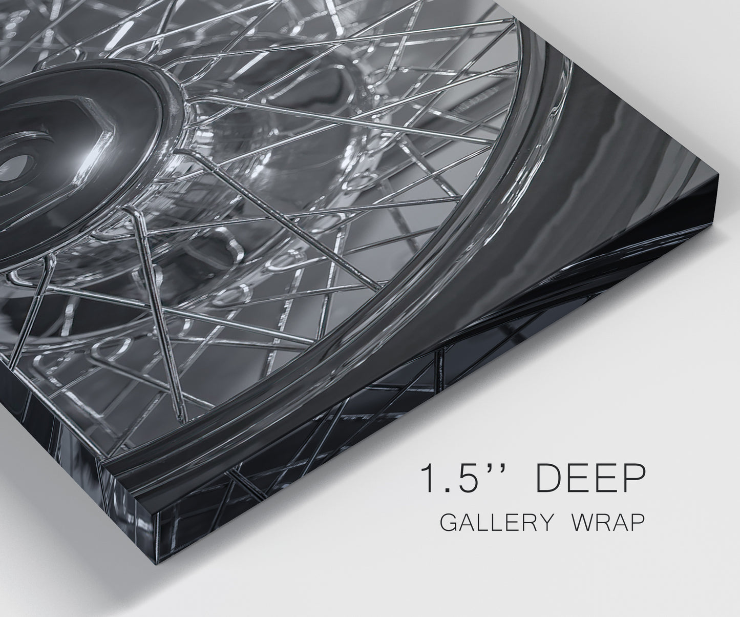 Close-up view of wrapped canvas corner featuring vintage car grille detail.