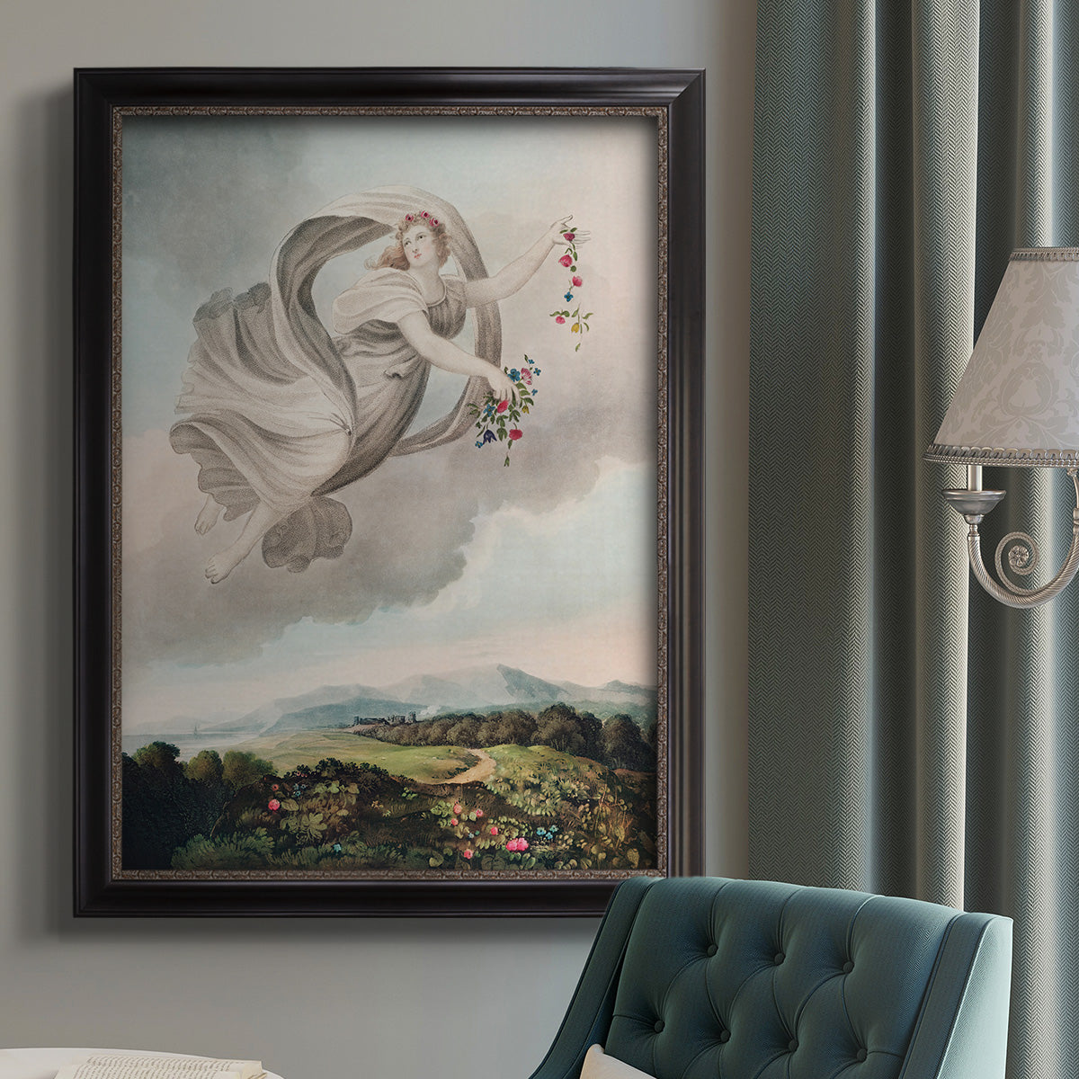Classical allegorical depiction of the goddess Flora by Robert John Thornton in an {frame_style_descriptor} displayed in a neutral interior setting.