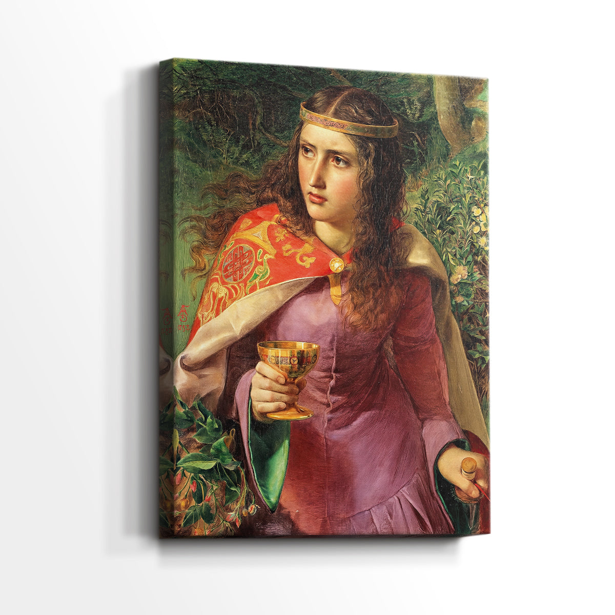 Side view of a canvas art print of a historical portrait with ornate design and bold tones, showing gallery-wrapped depth.