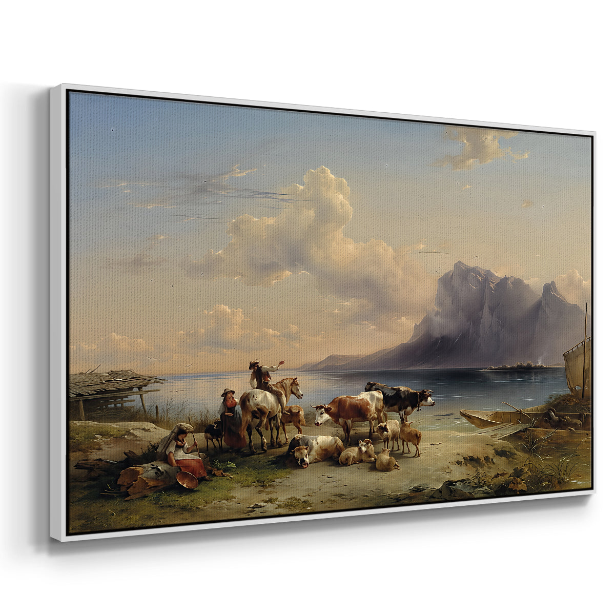 Shepherds and Cattle on Lake Attersee, 1852 - Floater Framed Canvas Print