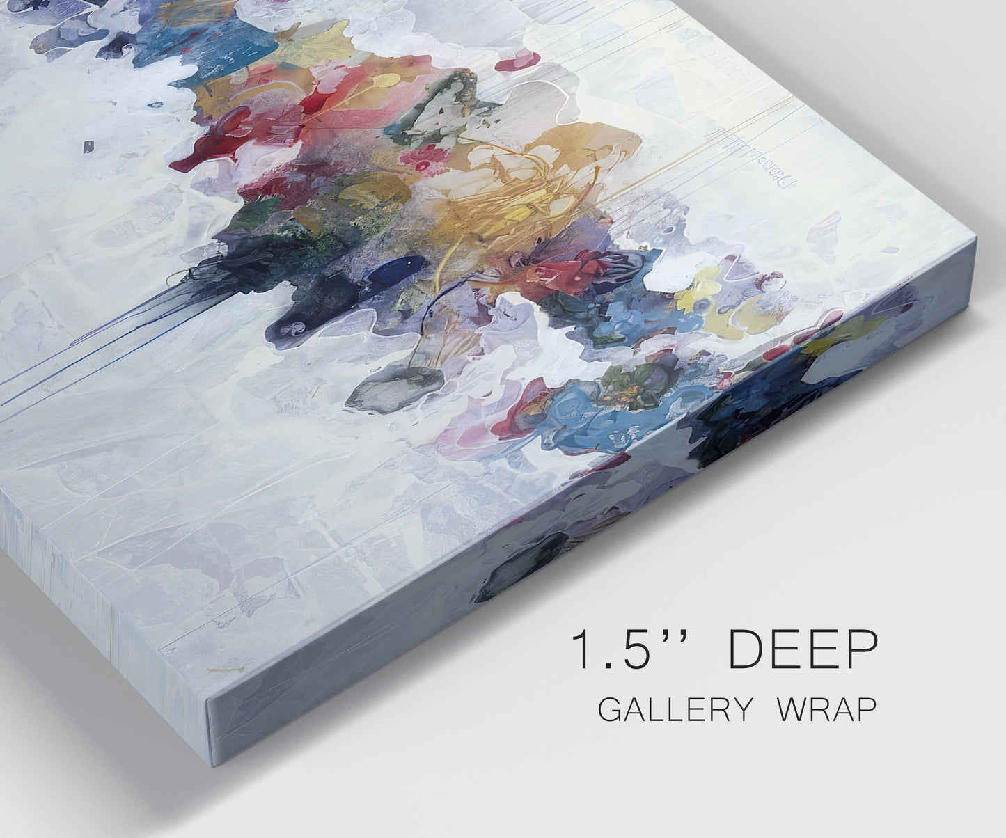 Close-up view of wrapped canvas corner featuring abstract water inspired composition.