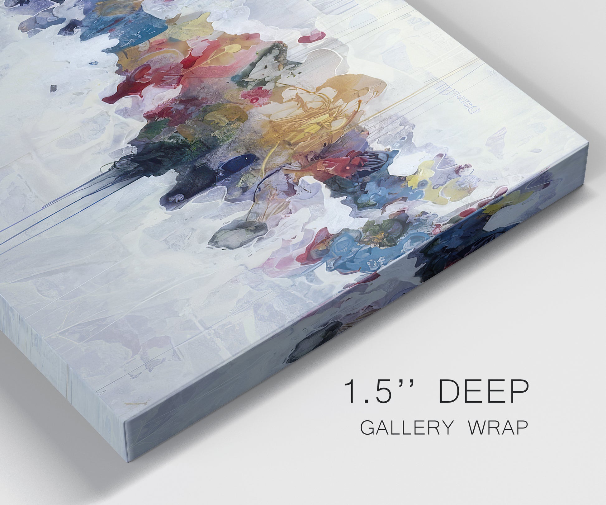 Close-up view of wrapped canvas corner featuring abstract water inspired composition.