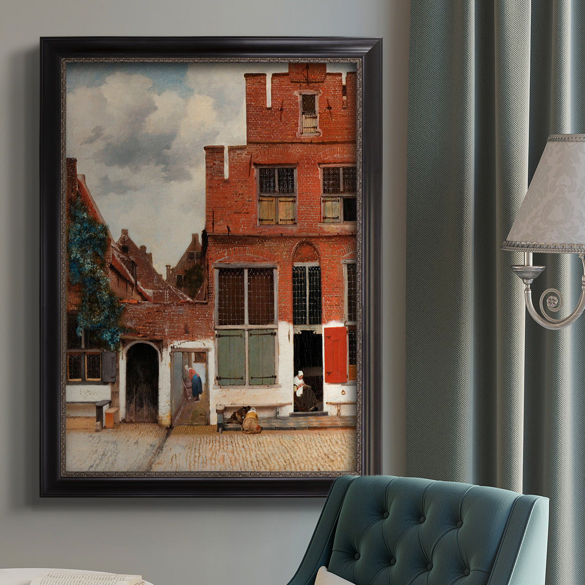 Realist city street scene by Johannes Vermeer in an {frame_style_descriptor} displayed in a neutral interior setting.