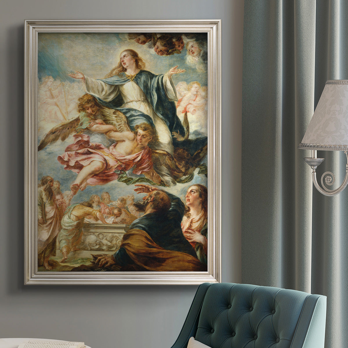 Religious painting of the Assumption of the Virgin Mary by Juan de Valdés Leal in an {frame_style_descriptor} displayed in a neutral interior setting.