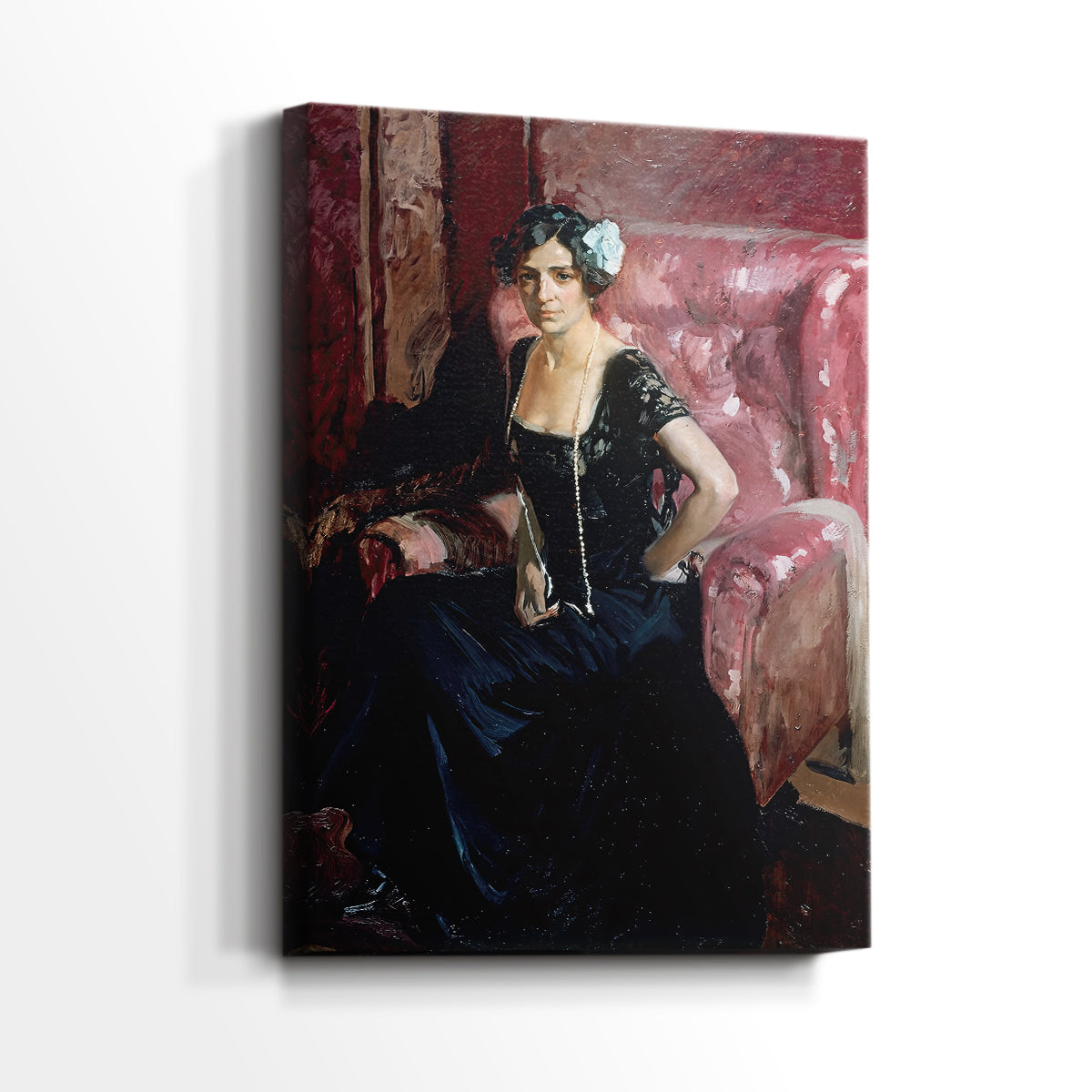 Side view of a canvas art print of a graceful portrait with flowing fabric and gentle highlights, showing gallery-wrapped depth.